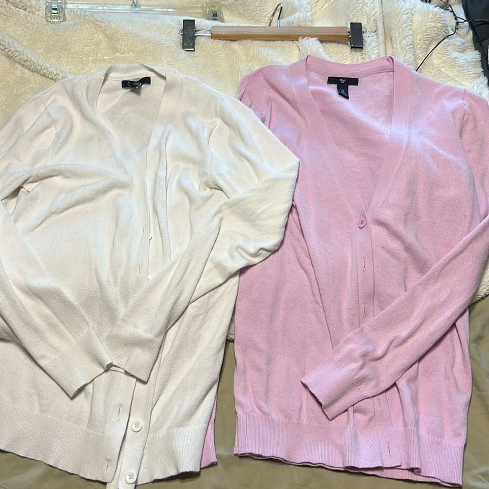 Gape cardigan. Two in set. White and purple, gently worn. Priced to sell